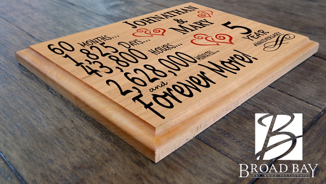 Personalized 5th Anniversary Gift – 5 Year Traditional Present - Custom Wood Keepsake for Husband, Wife, or Couple