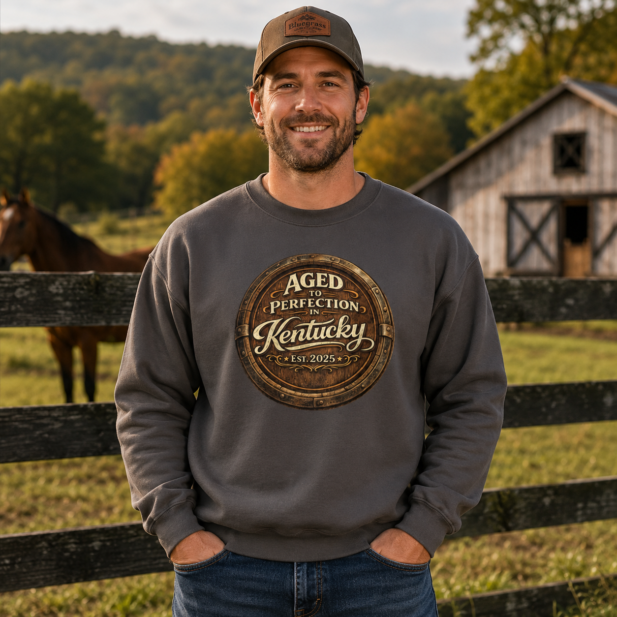 Aged to Perfection in Kentucky Sweatshirt | Barrel-End Emblem Design | Unisex Pullover