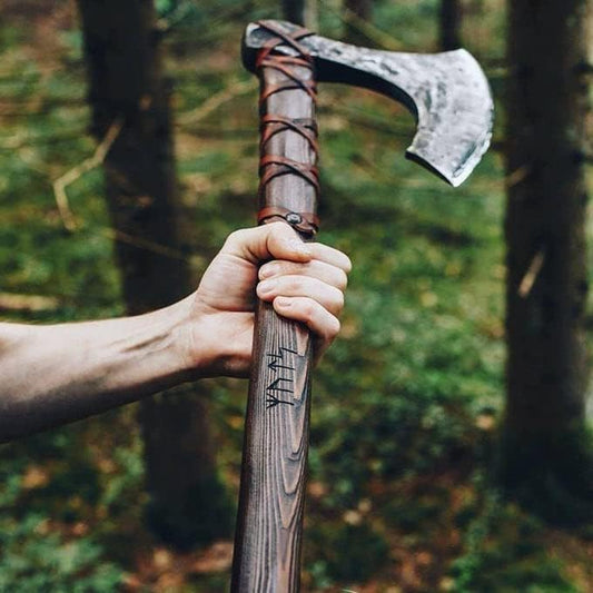 Custom Handmade Viking Battle Axe with Forged 1095 Steel Blade and Rosewood Leather-Wrapped Handle – KBS Knives Store