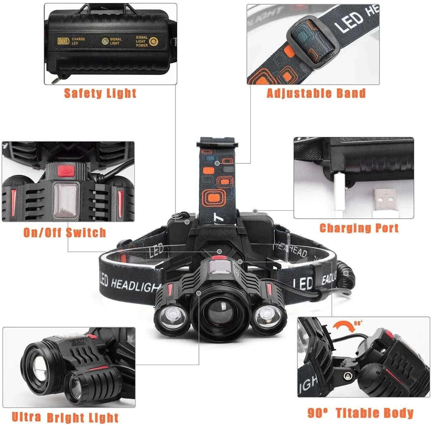 T6 Rechargeable LED Headlamp, Zoom Focus, 4 Modes, USB-C, IP55, Black/Red