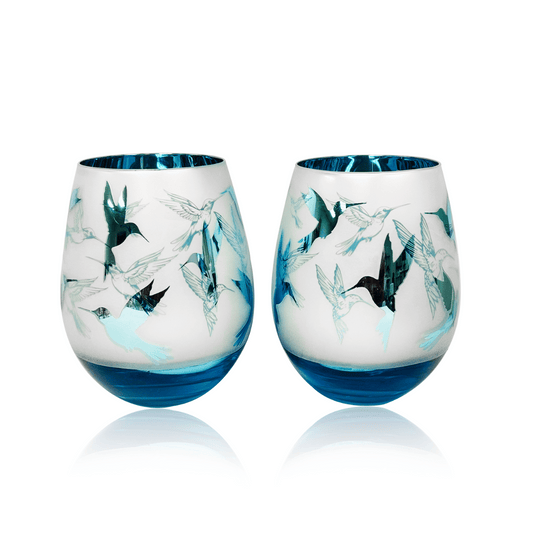 Blue Hummingbird Stemless Wine Glasses