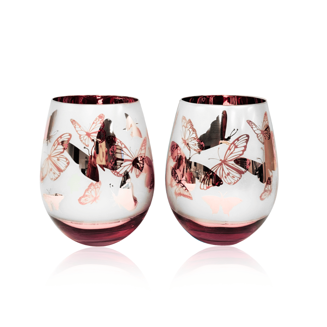 Pink Butterfly Stemless Wine Glasses