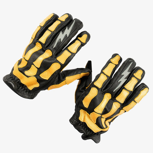 Leather Gloves - Buffalo Skeleton  Motorcycle Astrapí (Lightning)-Black-Gold