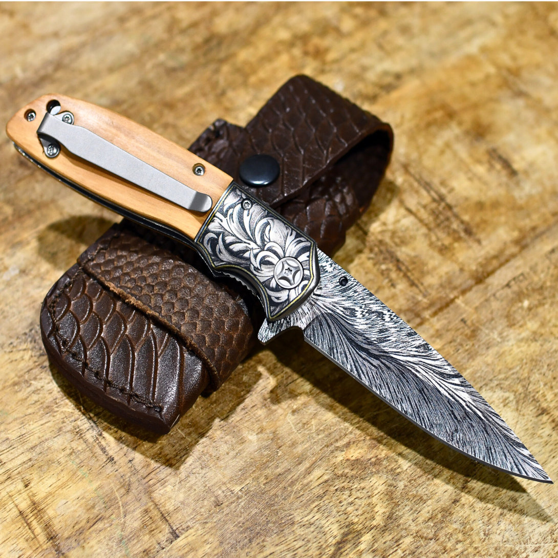 Vertex Damascus Pattern Pocket Knife with Exotic Olive Wood Handle