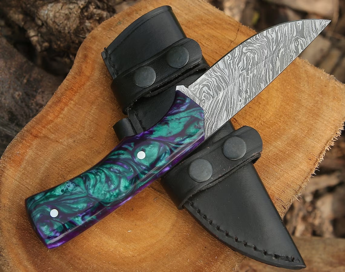 Custom Handmade Damascus Steel Hunting Knife with Epoxy Resin Handle and Leather Sheath - 8.5 Inches by KBS Knives Store