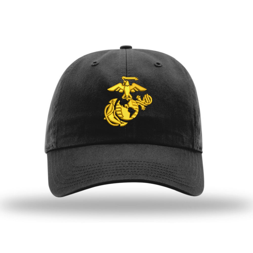 Eagle Globe & Anchor Unstructured USMC Hat embroidery - Black Hat w/ Gold