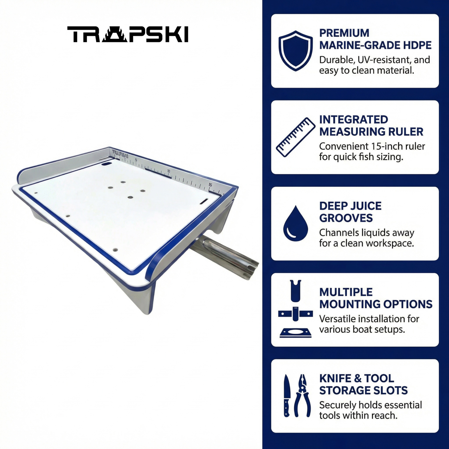 Premium Rod Mount 18" or 33" Raised Fillet Table – 3-in-1 Bait & Fish Station | Fits Rod Holders, Buckets & Flat Surfaces | Marine-Grade HDPE | Ruler, Juice Groove, Knife & Tool Slots