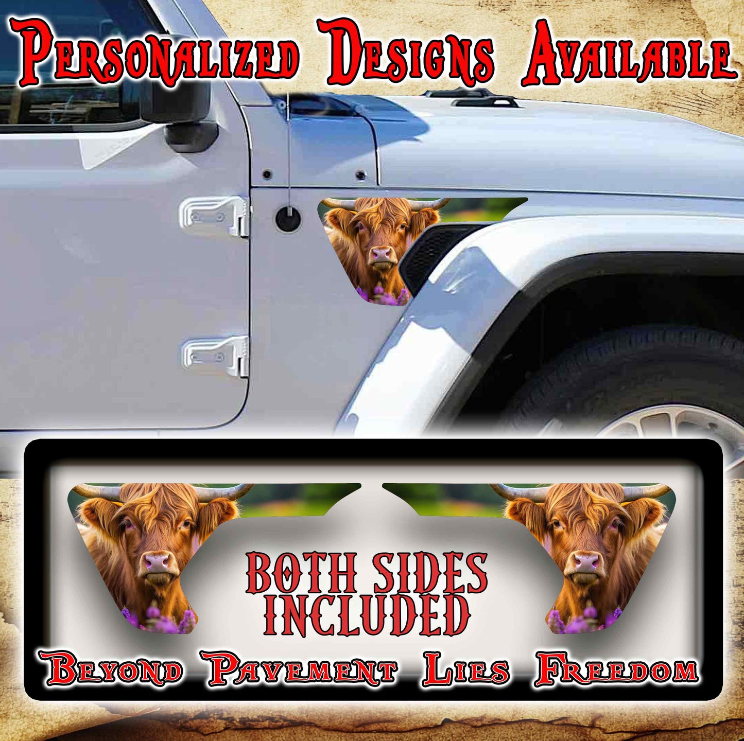 Highland cow fender vent decal for the JL or JT 2018 or newer