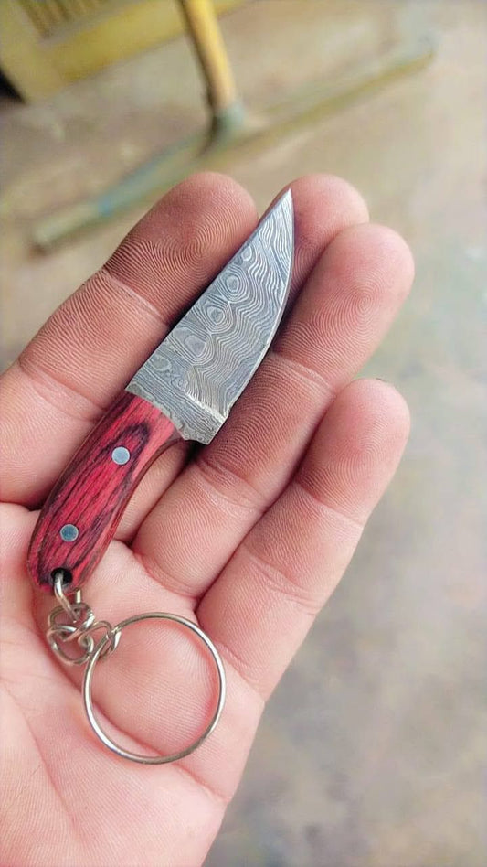 Custom Handmade Damascus Steel EDC Knife Keychain with Exotic Wood Handle