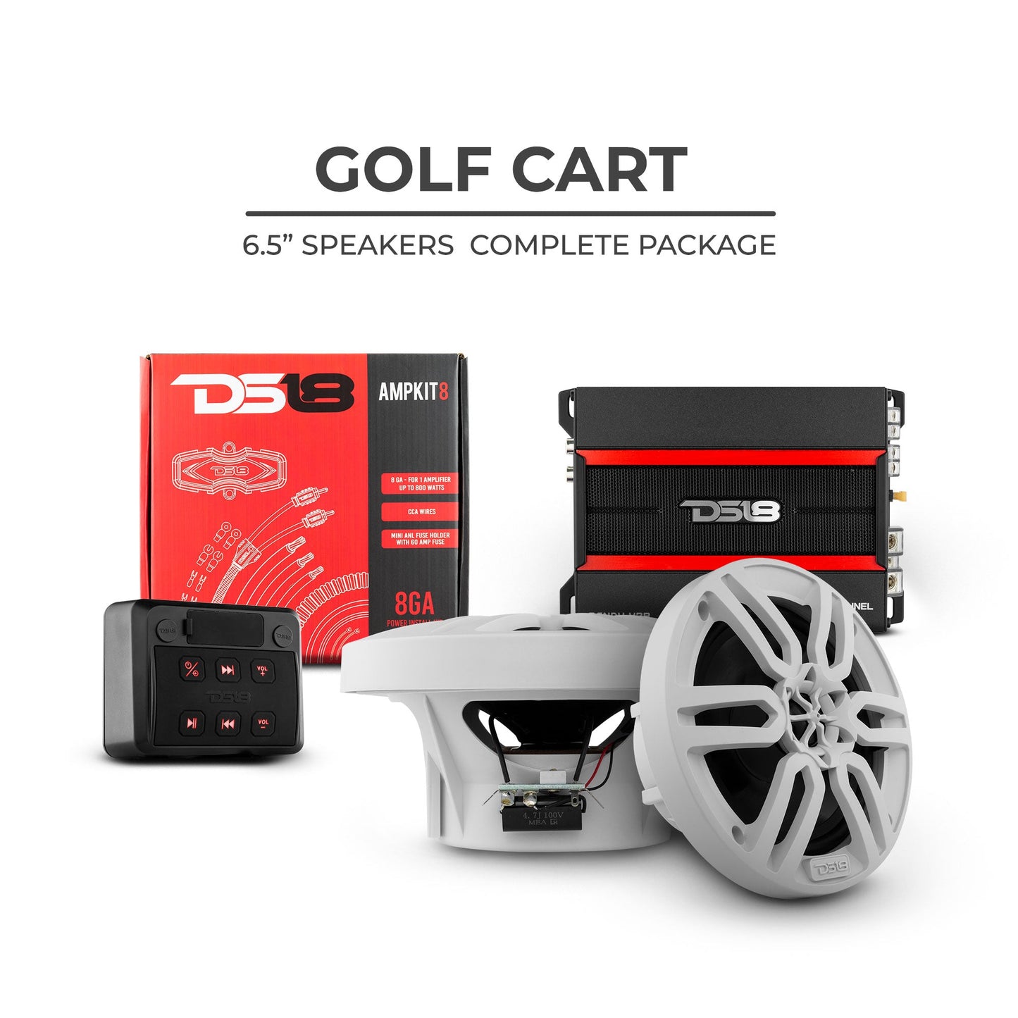 DS18 Golf Cart Package - 2 x 4” Marine Speakers + 1x 2 CH Amplifier + 1 x AMPKIT8 + 1 x ENSBTRC-SQ, BLACK or WHITE.