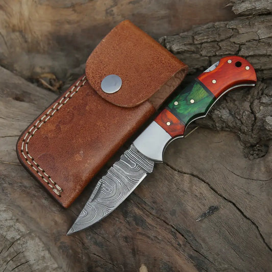 6.5" Handmade Damascus Pocket Knife - Folding Pocket Knife - Color Wood Handle WH 5032