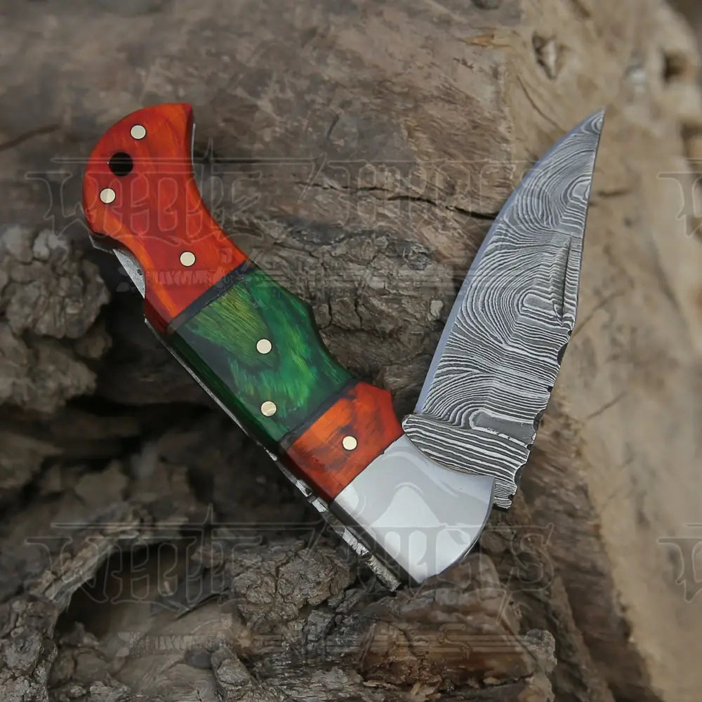 6.5" Handmade Damascus Pocket Knife - Folding Pocket Knife - Color Wood Handle WH 5032