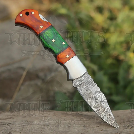 6.5" Handmade Damascus Pocket Knife - Folding Pocket Knife - Color Wood Handle WH 5032