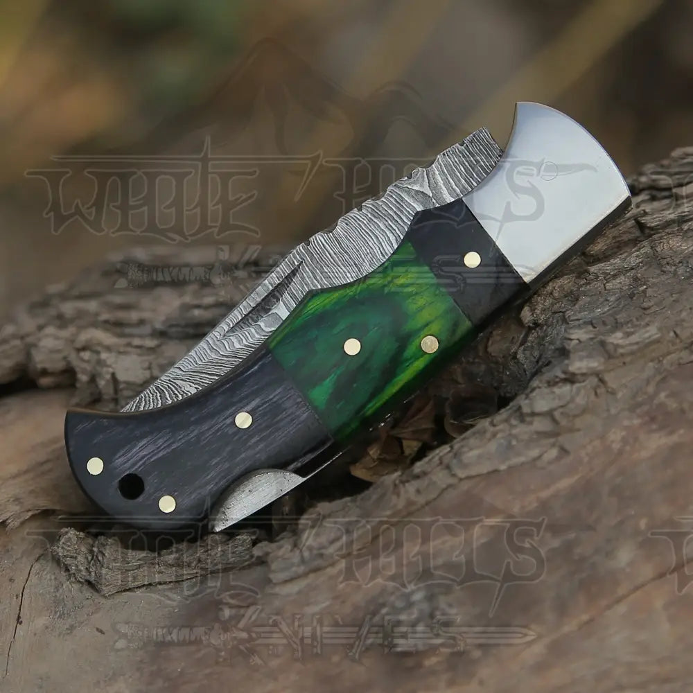 6.5" Handmade Damascus Pocket Knife - Folding Pocket Knife - Color Wood Handle WH 5034
