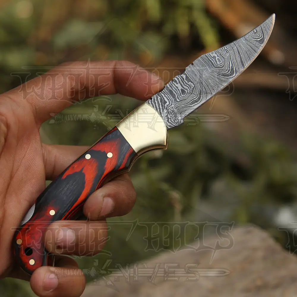 6.5" Handmade Damascus Pocket Knife - Folding Pocket Knife - Stained Wood Handle WH 5028