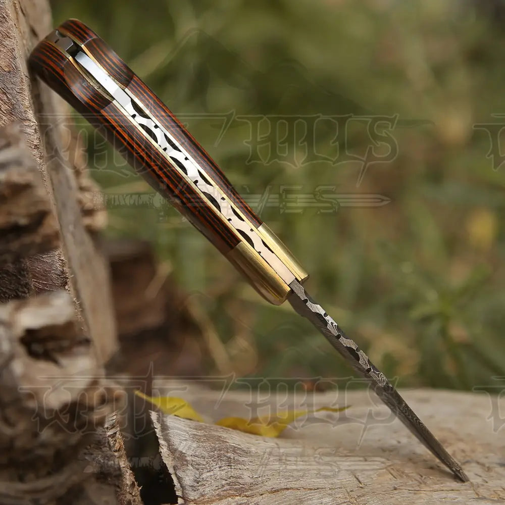 6.5" Handmade Damascus Pocket Knife - Folding Pocket Knife - Stained Wood Handle WH 5029