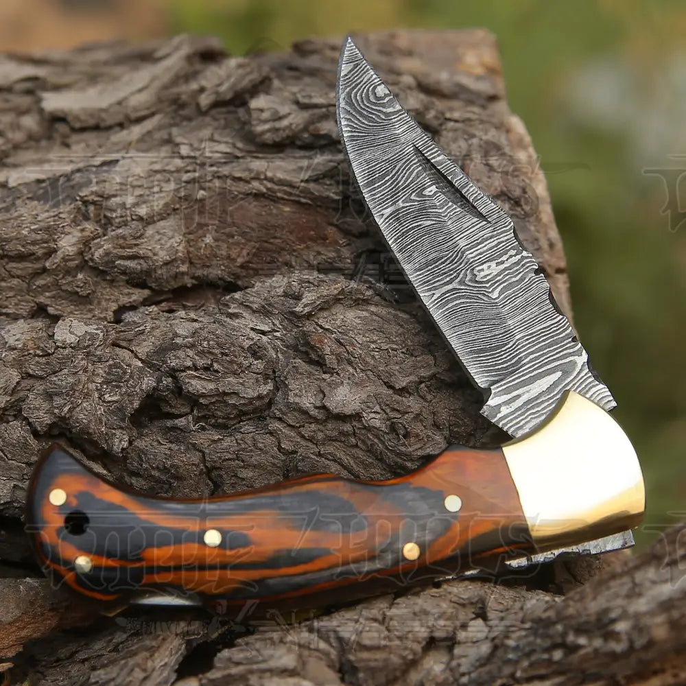 6.5" Handmade Damascus Pocket Knife - Folding Pocket Knife - Stained Wood Handle WH 5029