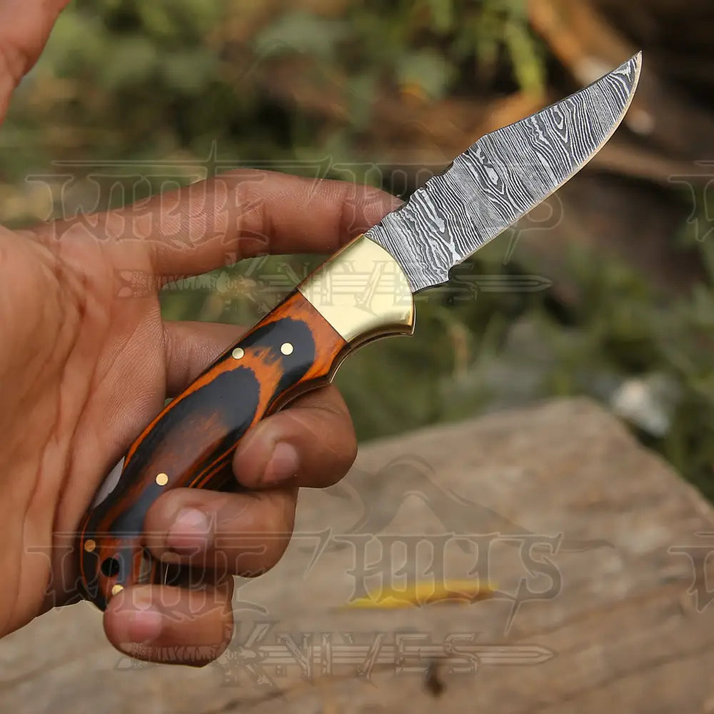 6.5" Handmade Damascus Pocket Knife - Folding Pocket Knife - Stained Wood Handle WH 5029