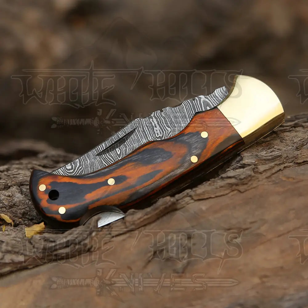 6.5" Handmade Damascus Pocket Knife - Folding Pocket Knife - Stained Wood Handle WH 5029