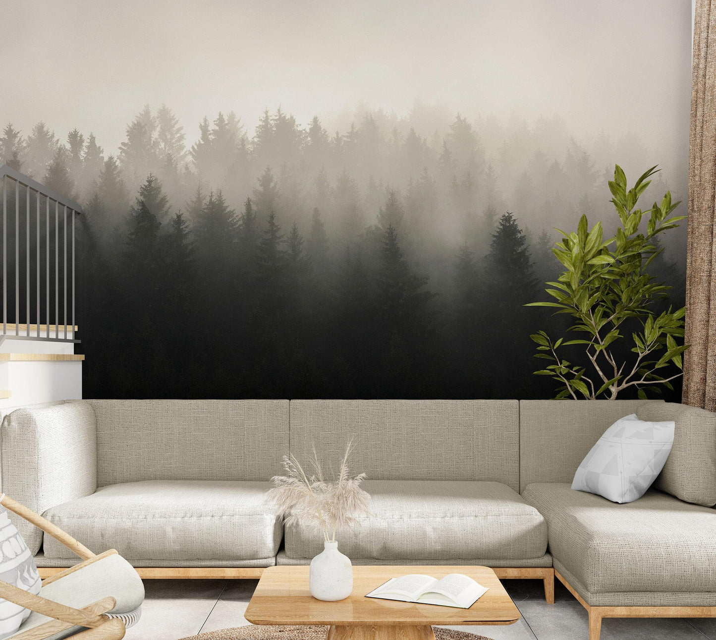 Misty Pine Forest Wall Mural. Peaceful Foggy Morning Scenery. #6122