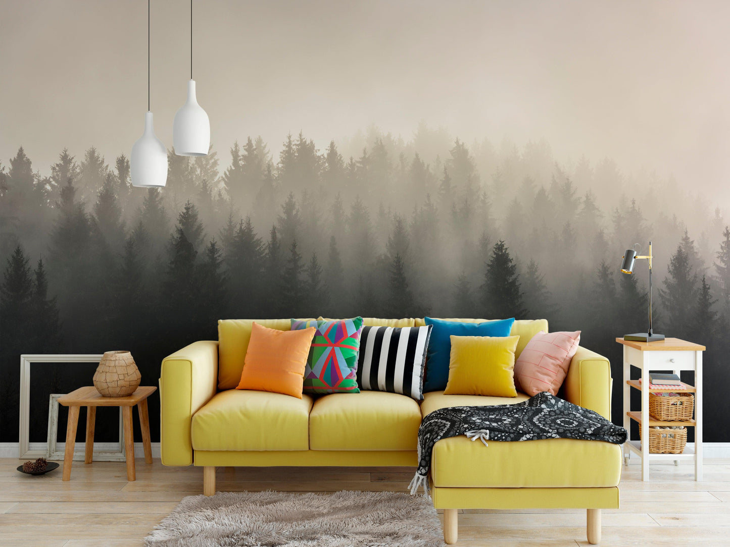 Misty Pine Forest Wall Mural. Peaceful Foggy Morning Scenery. #6122
