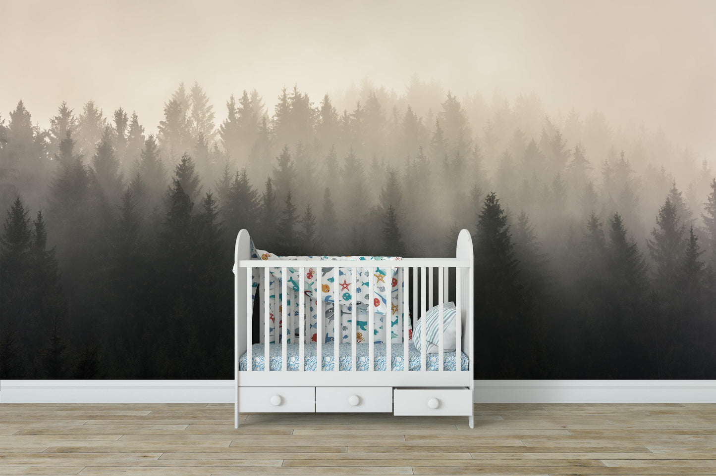 Misty Pine Forest Wall Mural. Peaceful Foggy Morning Scenery. #6122