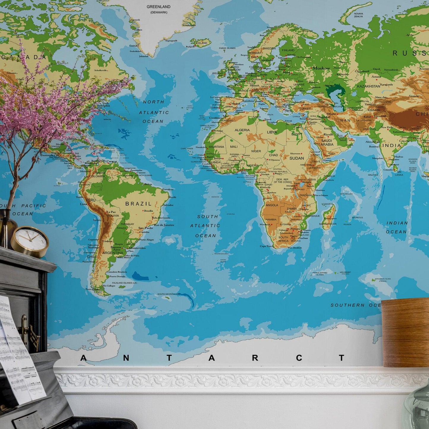 Large Blue World Map Wall Mural. #6134