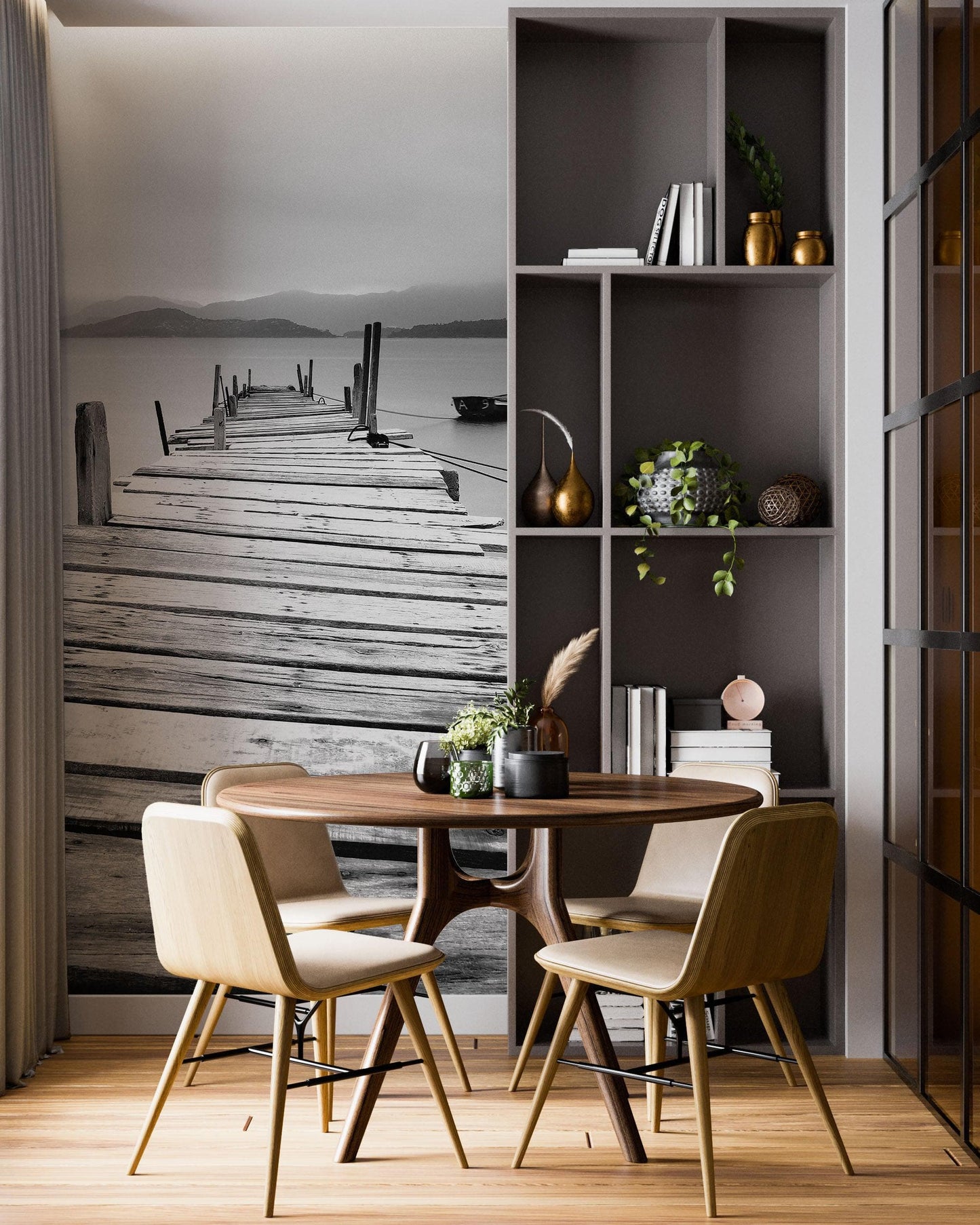 Misty Lake View Boat on Pier Black and White Mural Wall Decal Sticker #6143