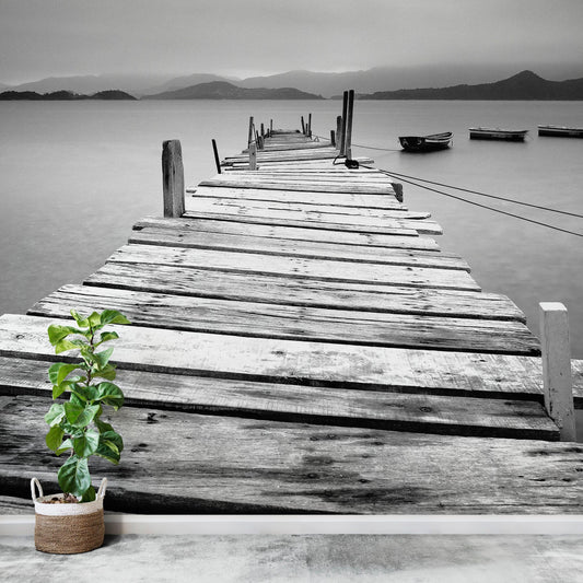 Misty Lake View Boat on Pier Black and White Mural Wall Decal Sticker #6143