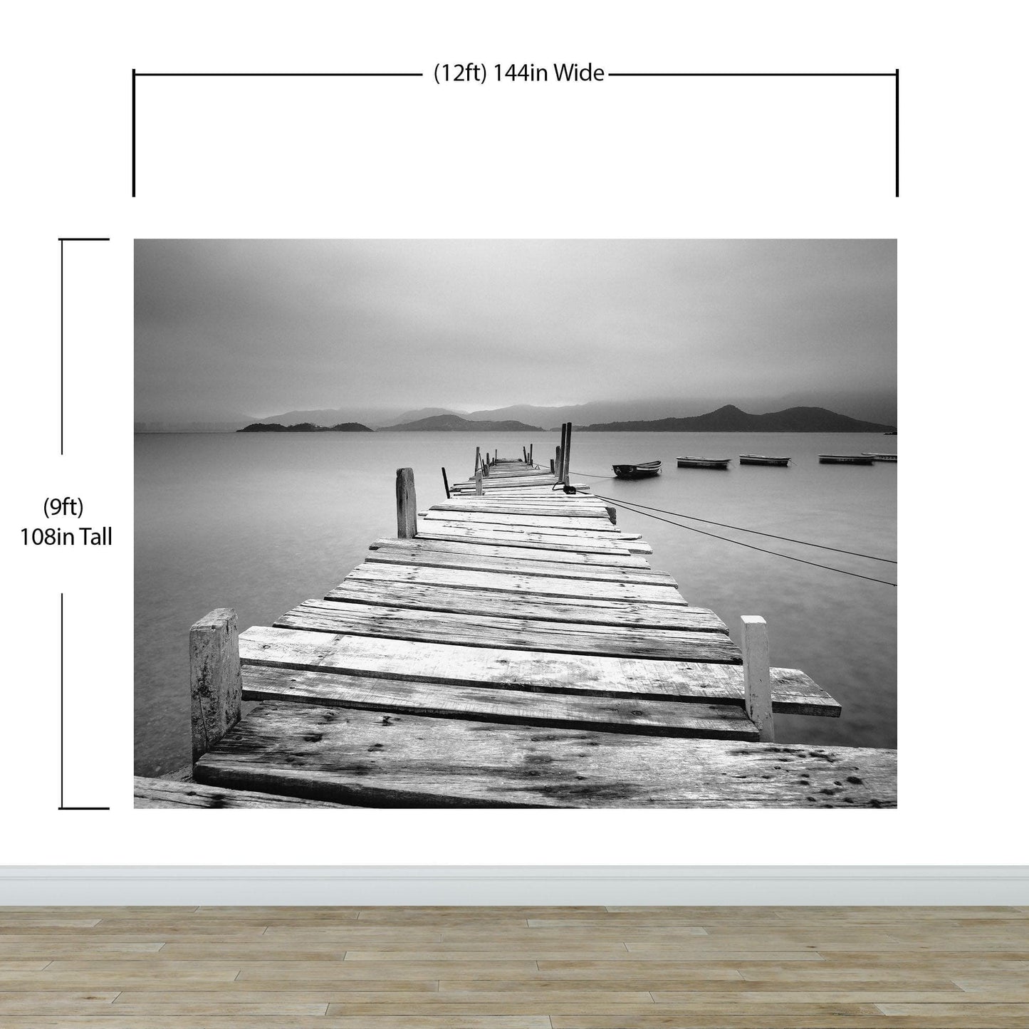 Misty Lake View Boat on Pier Black and White Mural Wall Decal Sticker #6143