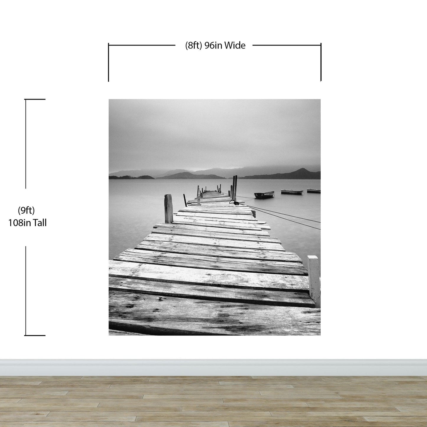 Misty Lake View Boat on Pier Black and White Mural Wall Decal Sticker #6143