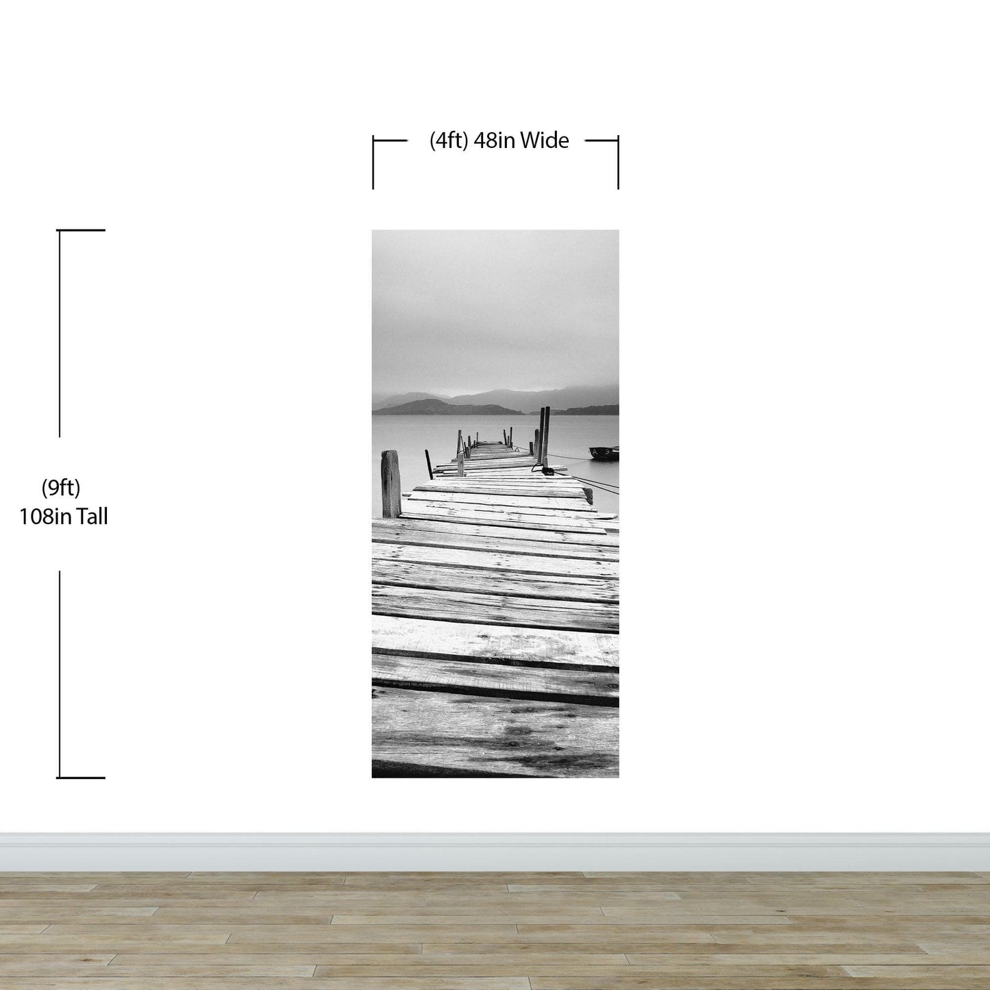 Misty Lake View Boat on Pier Black and White Mural Wall Decal Sticker #6143