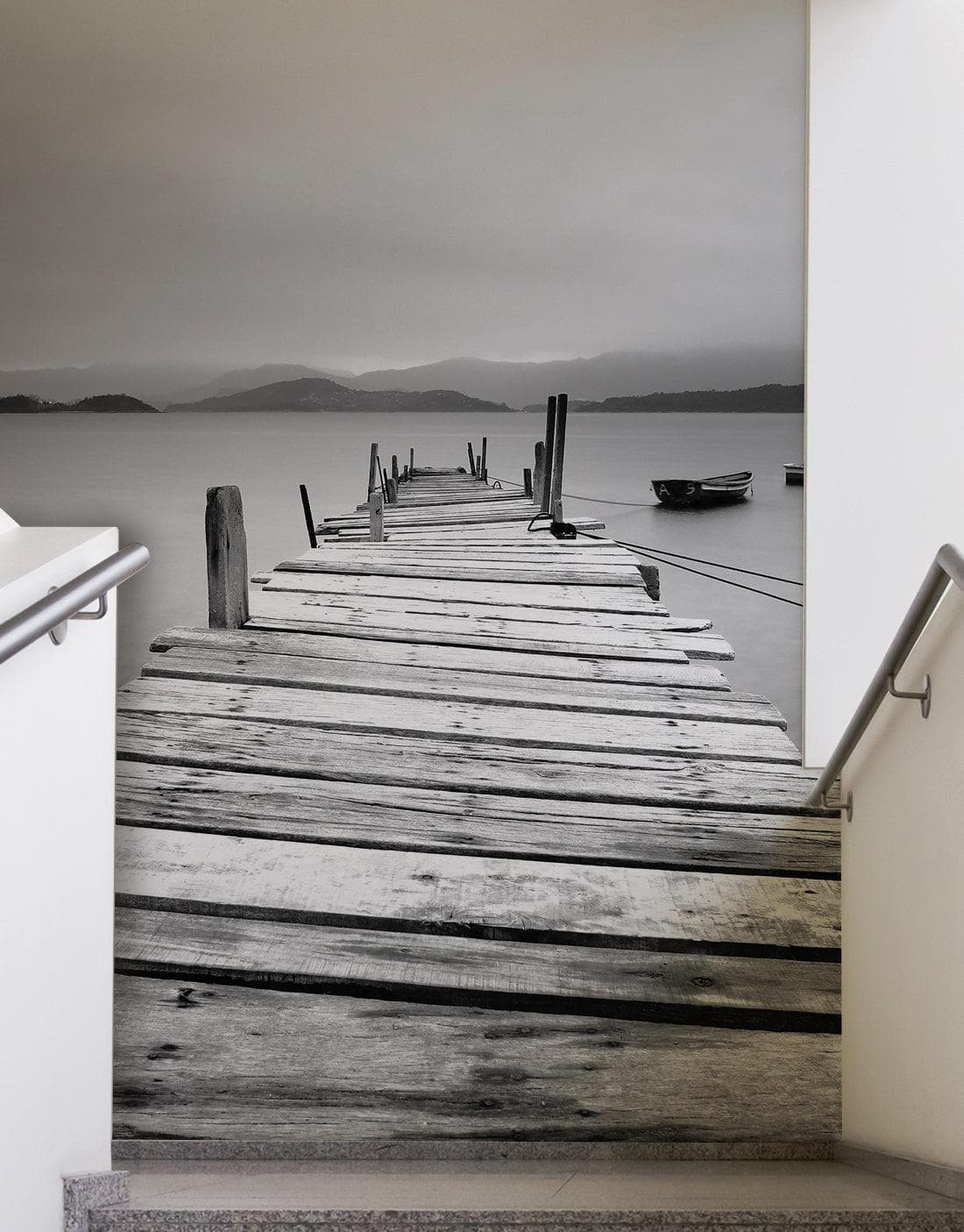 Misty Lake View Boat on Pier Black and White Mural Wall Decal Sticker #6143
