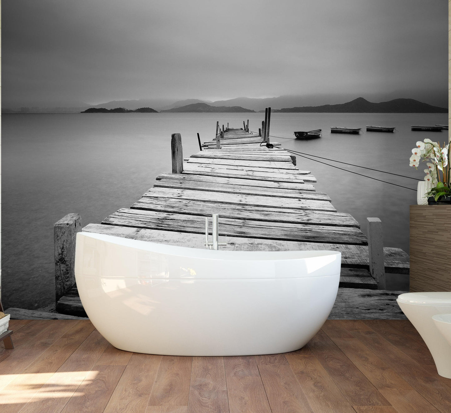 Misty Lake View Boat on Pier Black and White Mural Wall Decal Sticker #6143