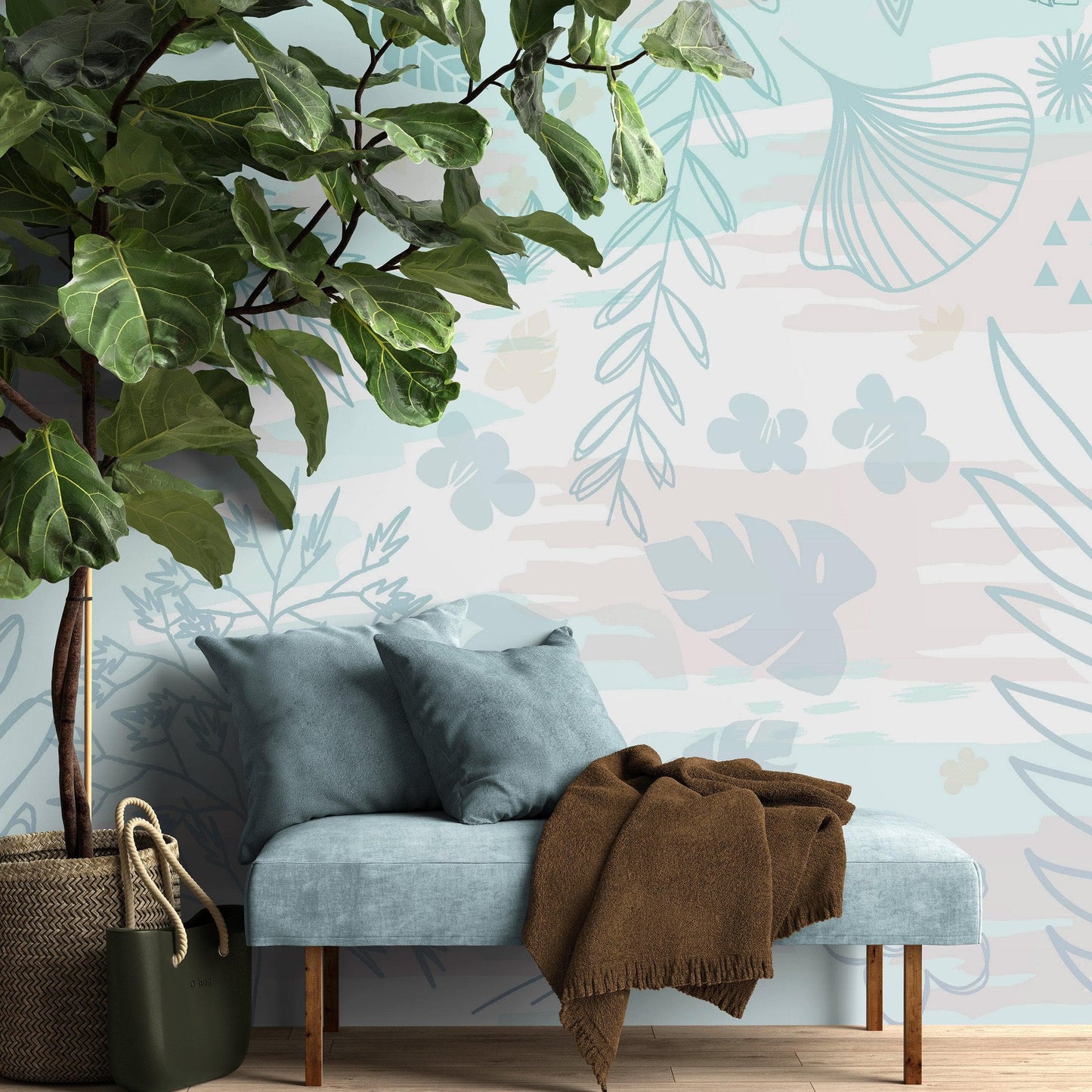Pastel Botanical Nature Wallpaper Mural. Leafs and Flowers Design. #6195