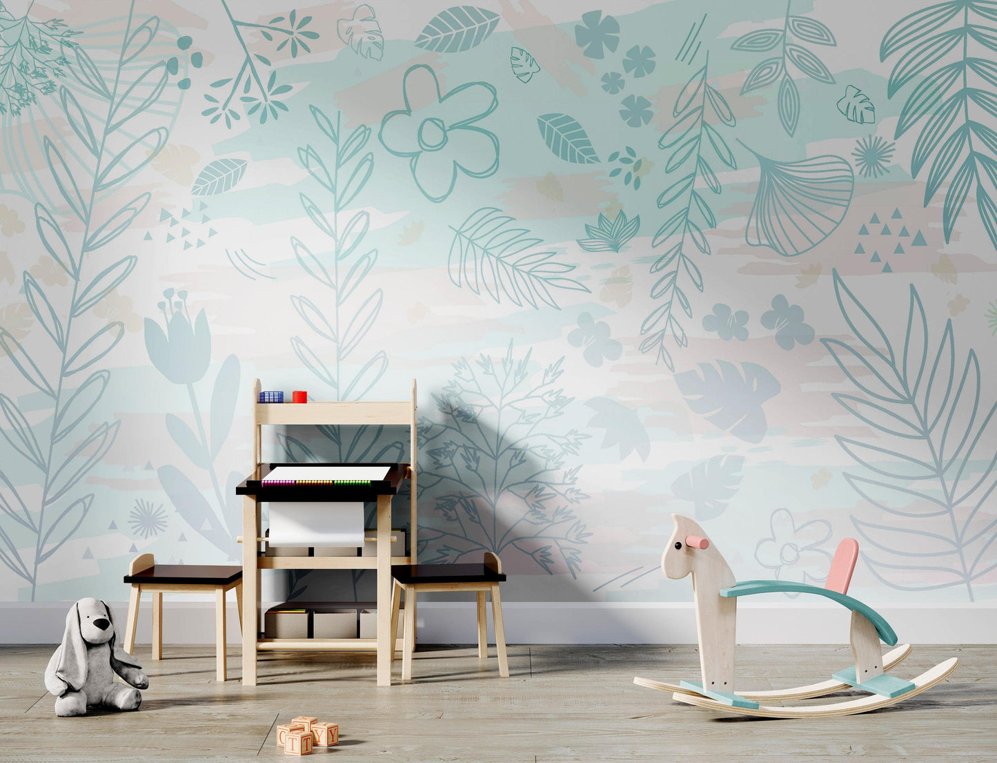 Pastel Botanical Nature Wallpaper Mural. Leafs and Flowers Design. #6195