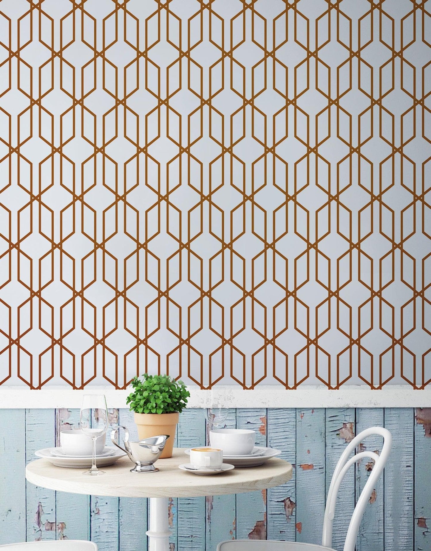 Modern Geometric Shape 3D Hexagon Bronze Lines Peel and Stick Wallpaper | Removable Wall Mural #6213
