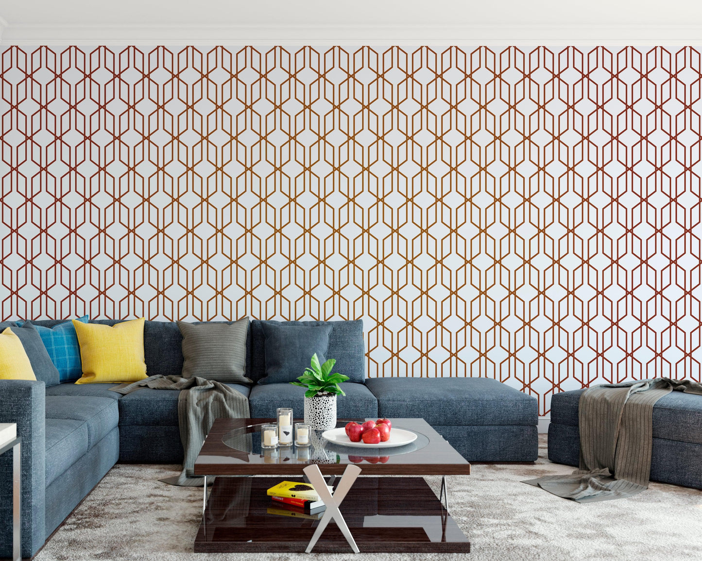 Modern Geometric Shape 3D Hexagon Bronze Lines Peel and Stick Wallpaper | Removable Wall Mural #6213