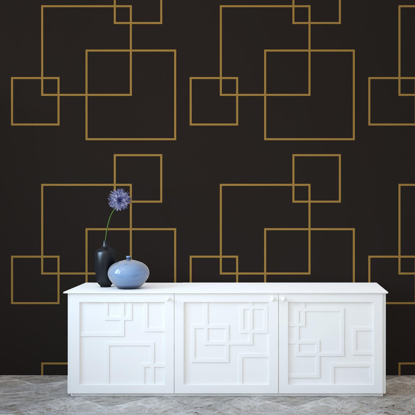 Dark Brown and Gold Square Geometric Pattern Peel and Stick Wallpaper | Removable Wall Mural #6215