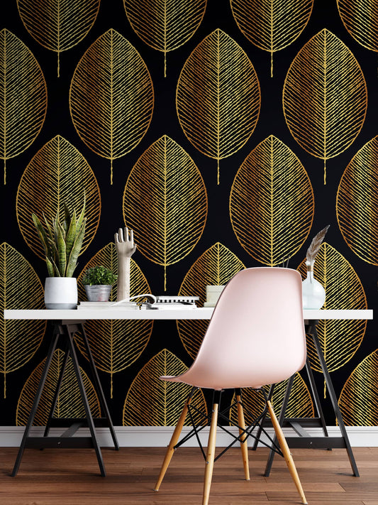 Gold Leave Autumn Pattern Peel and Stick Wallpaper | Removable Wall Mural #6217