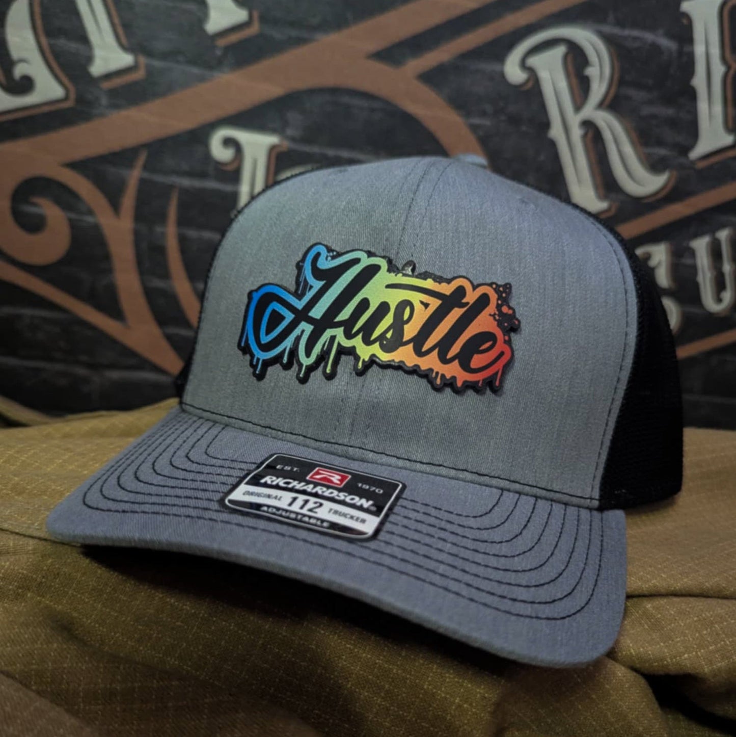 Hustle Leather Patch Hat Graffiti Gradient