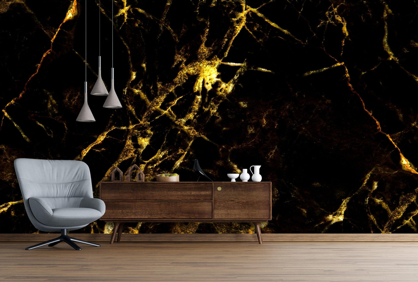 Black and Gold Abstract Marble Stone Peel and Stick Wall Mural. #6239
