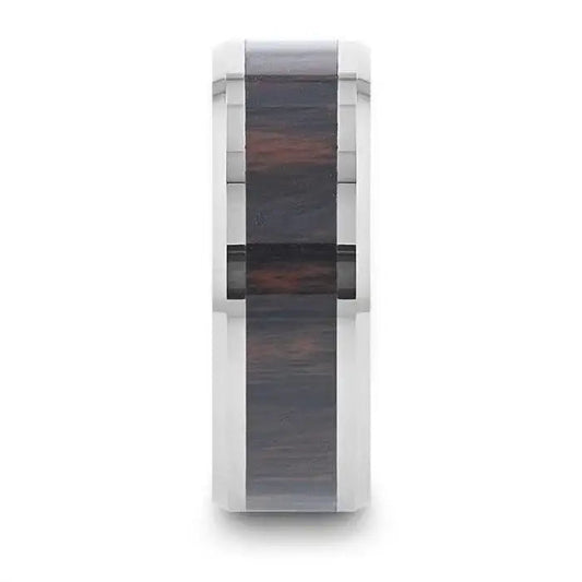 AZTEC Mahogany Inlaid Tungsten Carbide Ring with Polished Beveled Edges – 8mm
