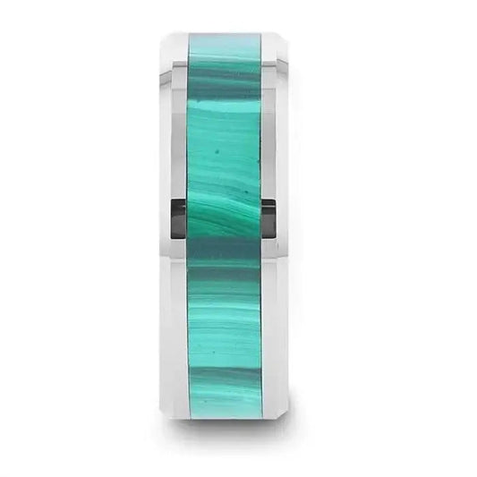 MAHI Malachite Inlay Tungsten Carbide Ring with Polished Beveled Edges - 8mm