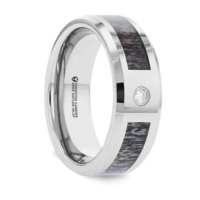 COLTON Tungsten Carbide Ring Ombre Deer Antler Inlay Polished Beveled Edges with Diamond - 8mm
