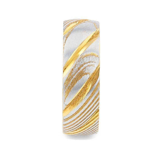 CERSEI Gold Color Domed Brushed Damascus Steel Men’s Wedding Band with Vivid Etched Design - 6mm & 8mm
