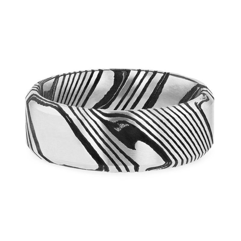 MELVIN Black Damascus Steel Brushed Beveled Men’s Wedding Band with Repeating Artisan Pattern - 6mm & 8mm