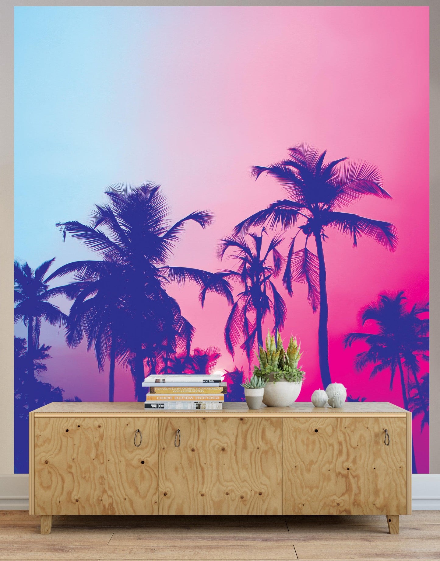 Miami Tropical Palm Tree Vice Color Wall Mural. Bright Miami Vice Blue and Fuchsia Colors. #6281