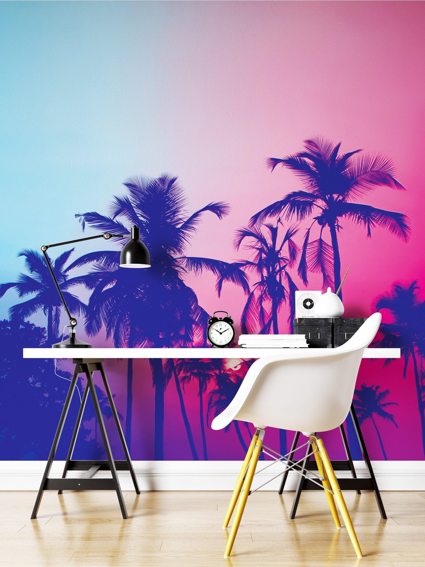Miami Tropical Palm Tree Vice Color Wall Mural. Bright Miami Vice Blue and Fuchsia Colors. #6281