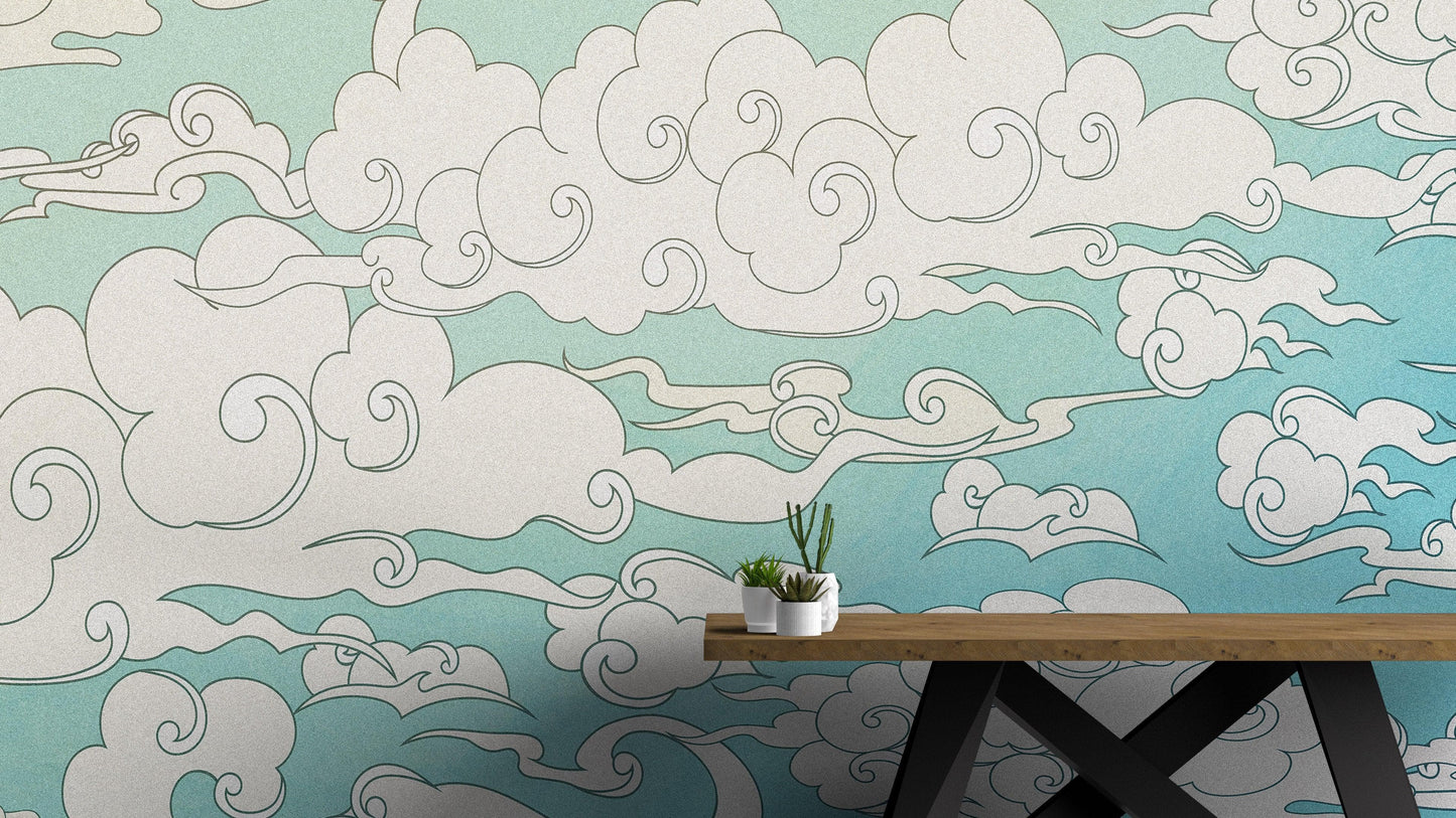 Japanese Traditional Curly Cloud in Sky Abstract Illustration Asian Decor Wall Mural. Peel and Stick Wallpaper. #6297